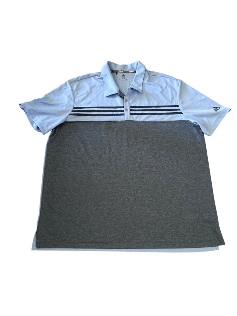 Adidas Mens 2XL Polo Shirt Light Blue & Gray Colorblock Striped Short Sleeve Gol